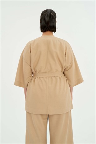 MARK KIMONO Rahat Kesim Kuşaklı Kadın Kimono Bej