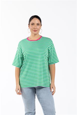 MILA Oversıze T-shirt Yeşil Çizgili