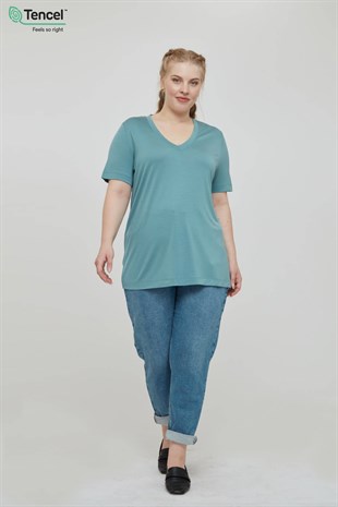 Tencel™ BLU V Yaka Basic Kısa Kollu Kadın T-shirt Bej