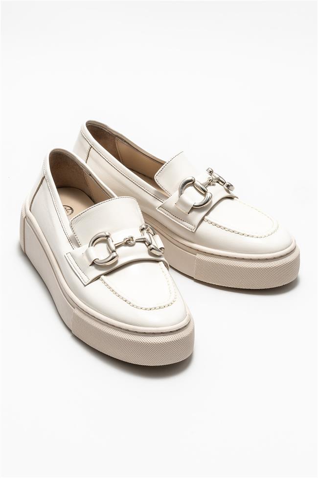 Bej Deri Kadın Günlük Loafer
