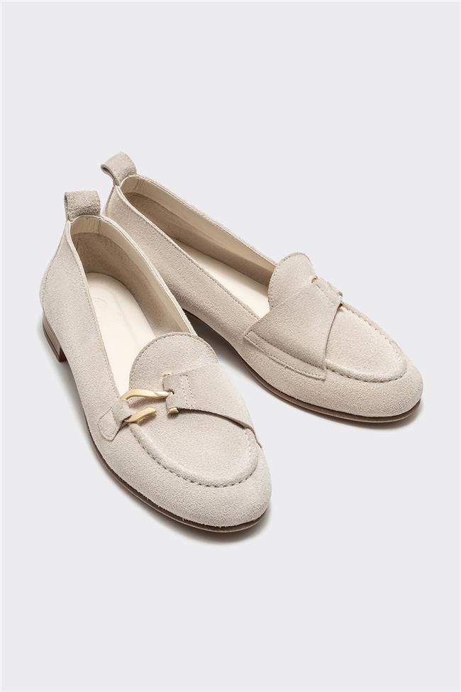 Bej Deri Kadın Loafer