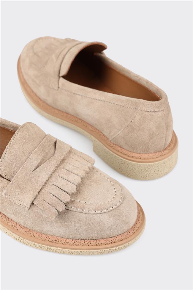 Bej Deri Kadın Loafer