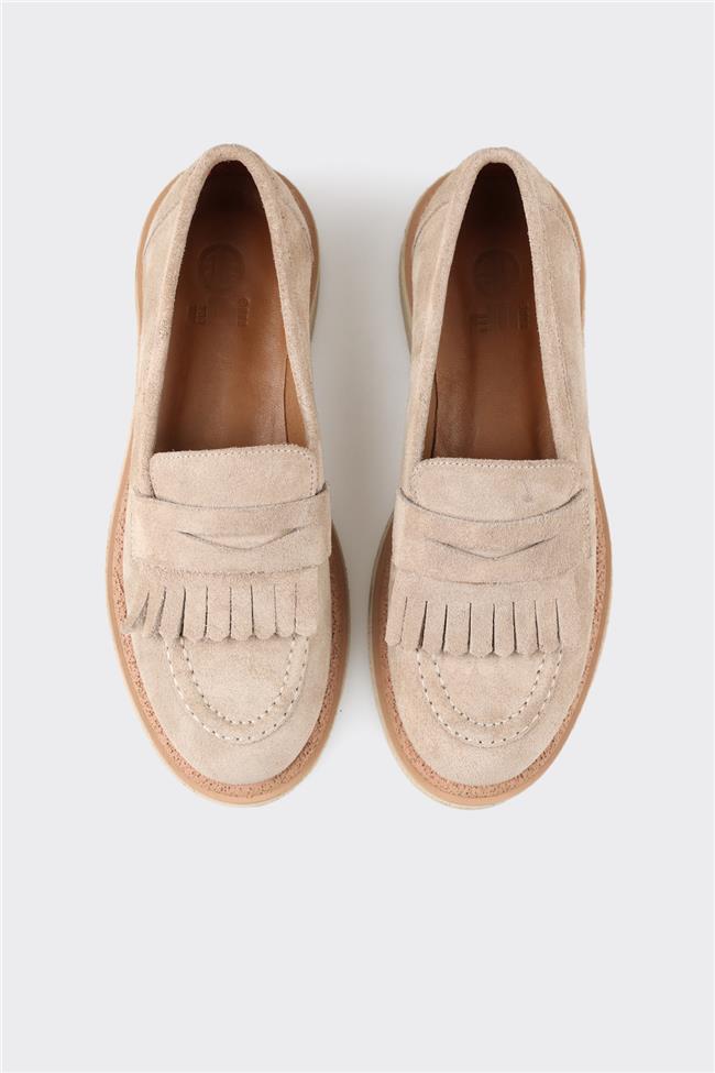 Bej Deri Kadın Loafer