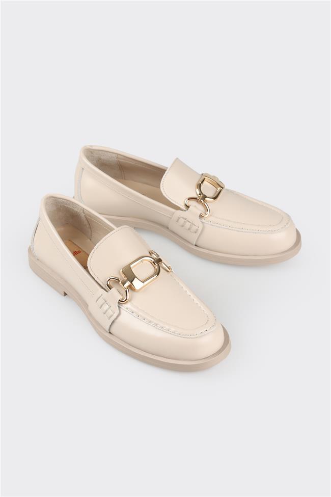 Bej Deri Kadın Loafer