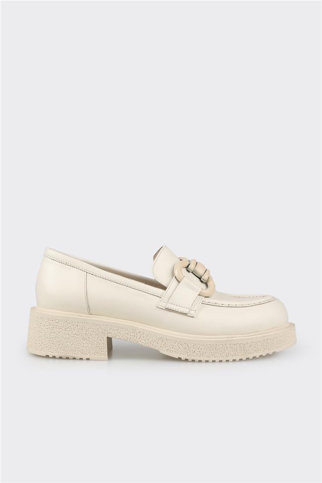 Bej Deri Kadın Loafer