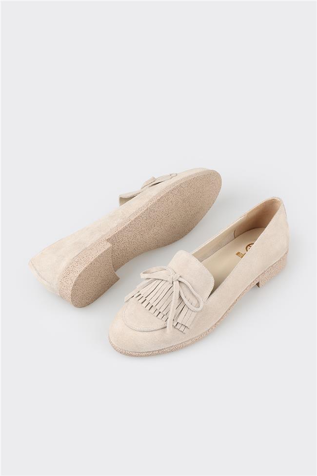 Bej Deri Kadın Loafer