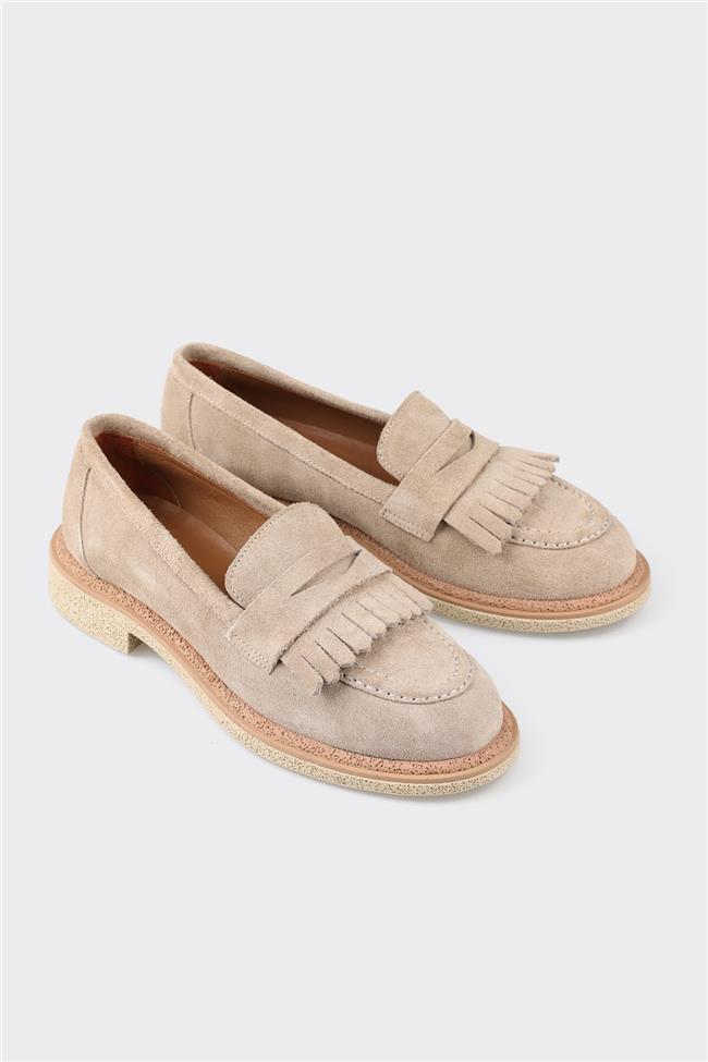 Bej Deri Kadın Loafer