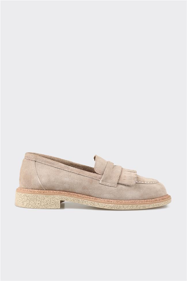 Bej Deri Kadın Loafer