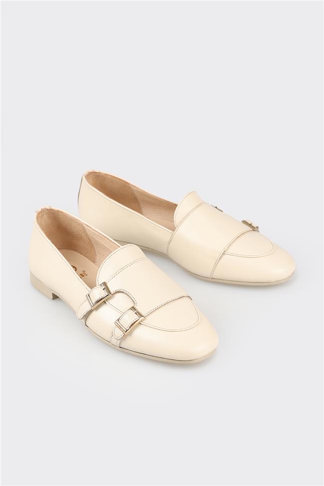 Bej Deri Kadın Loafer