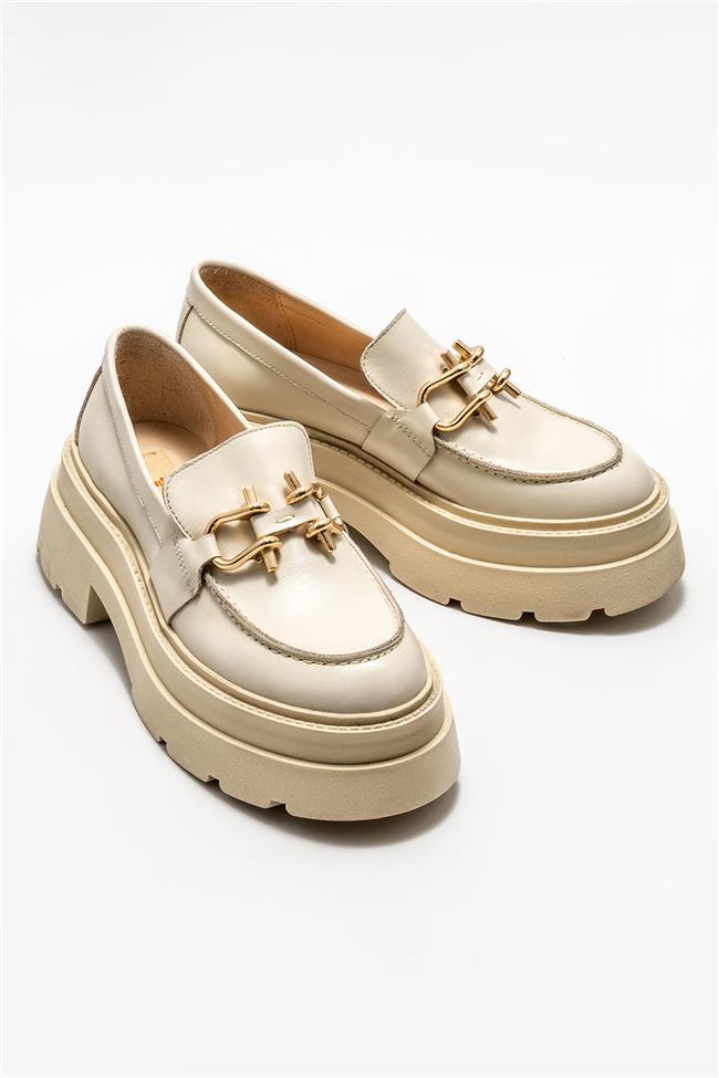 Bej Deri Kadın Loafer