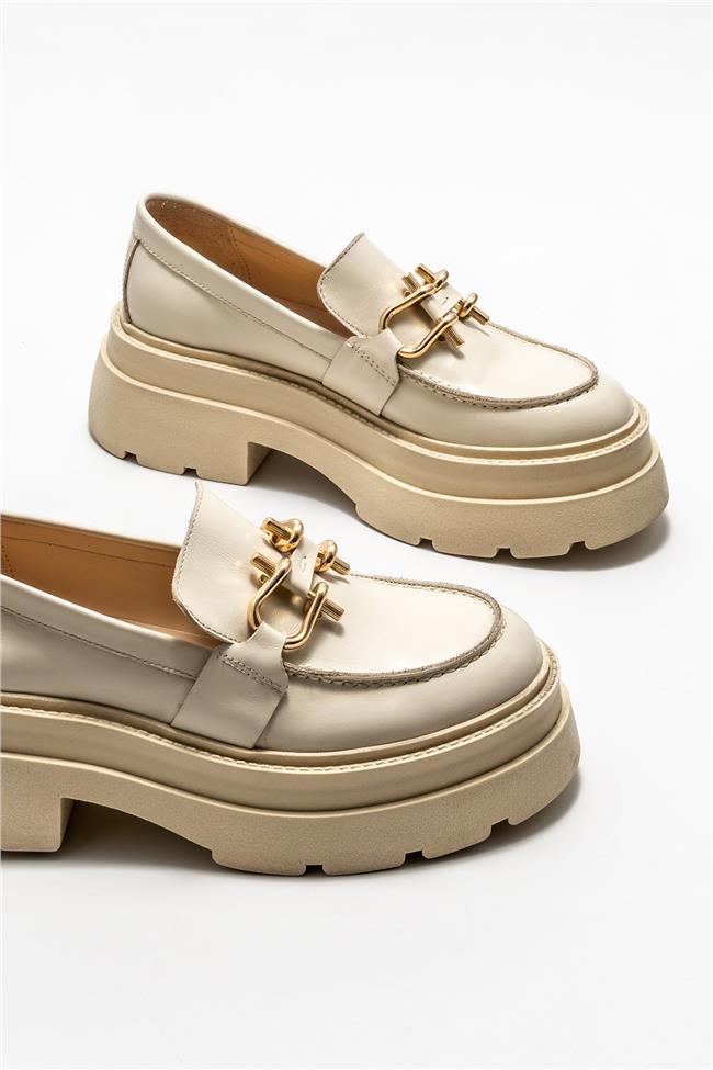 Bej Deri Kadın Loafer