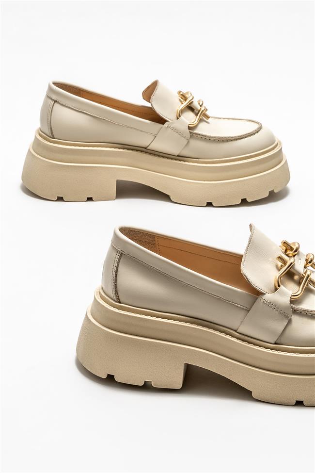 Bej Deri Kadın Loafer