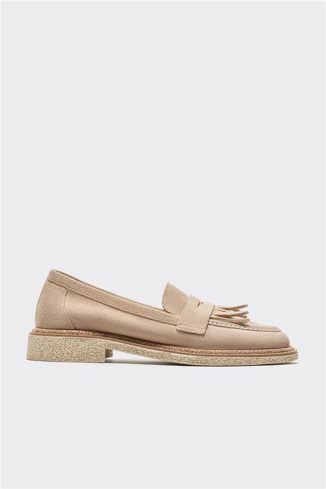 Bej Deri Kadın Loafer