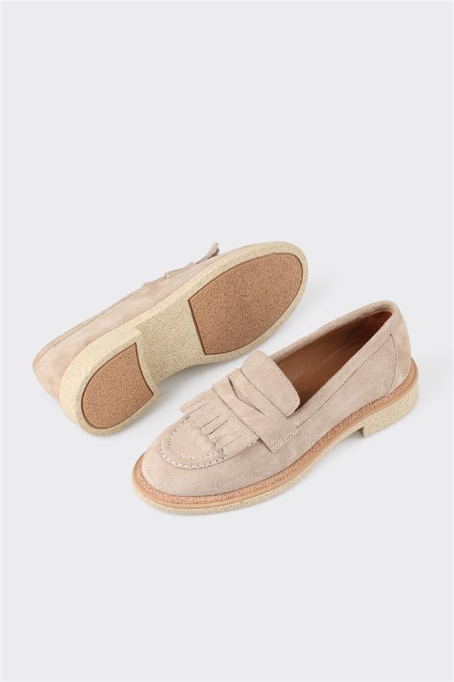 Bej Deri Kadın Loafer