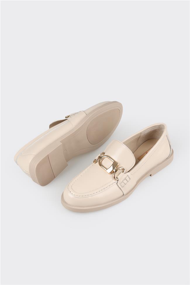 Bej Deri Kadın Loafer