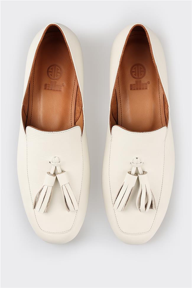 Ekru Deri Kadın Loafer