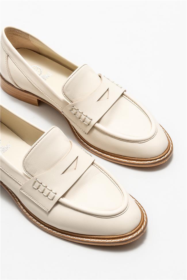 Ekru Deri Kadın Loafer
