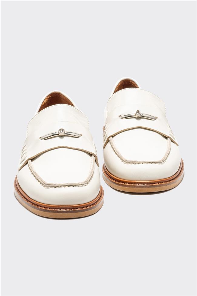 Ekru Deri Kadın Loafer