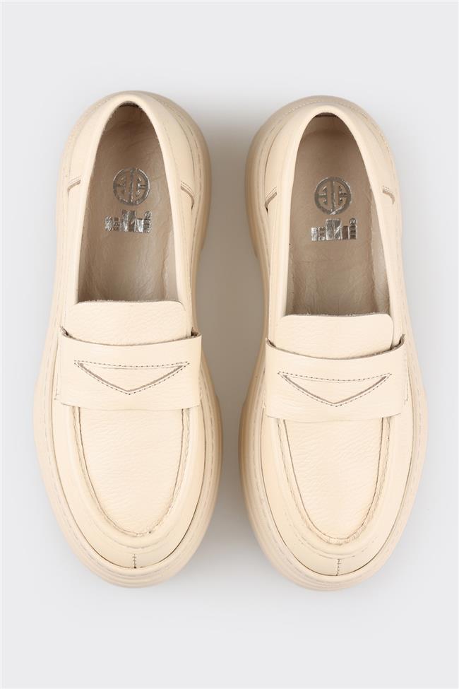 Ekru Deri Kadın Loafer