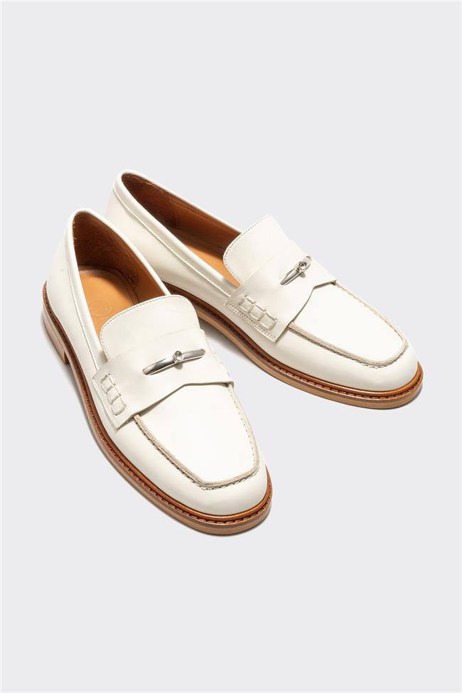 Ekru Deri Kadın Loafer