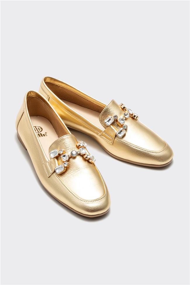 Gold Deri Kadın Loafer