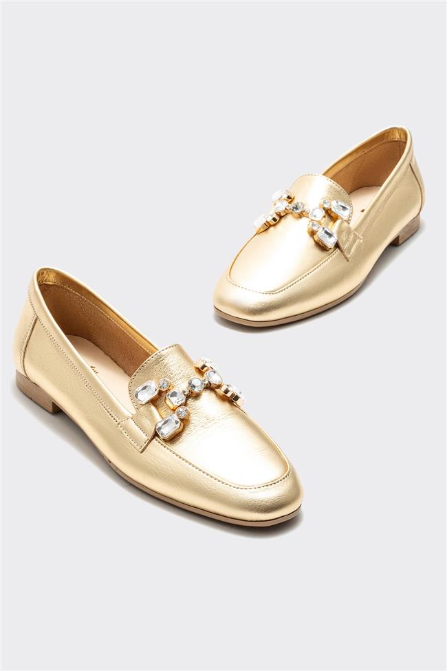Gold Deri Kadın Loafer