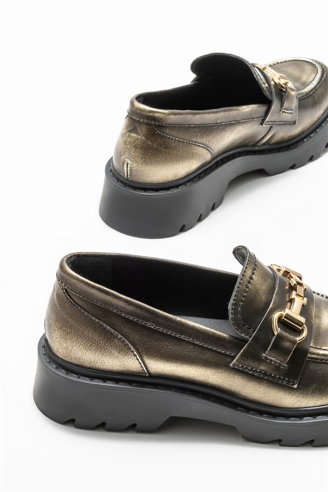 Gold Deri Kadın Loafer
