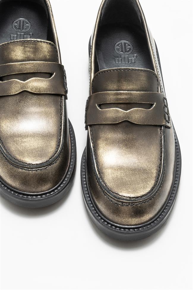 Gold Deri Kadın Loafer