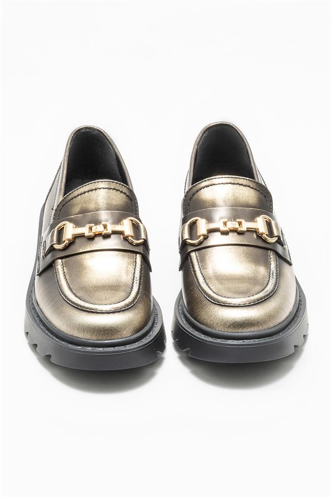 Gold Deri Kadın Loafer