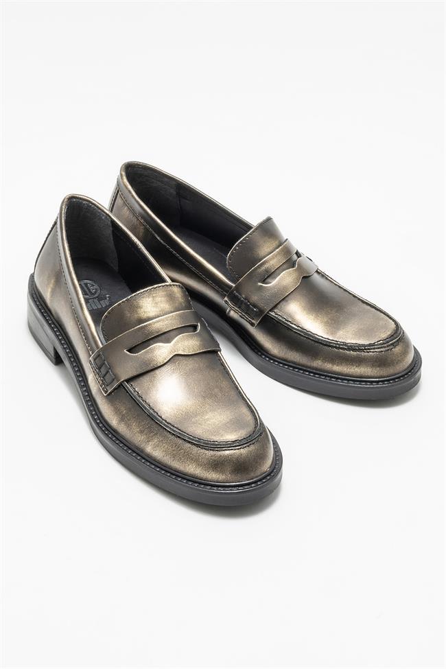 Gold Deri Kadın Loafer