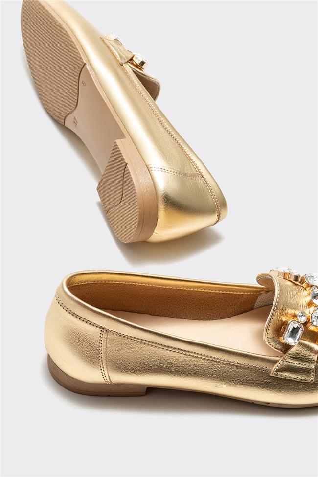 Gold Deri Kadın Loafer