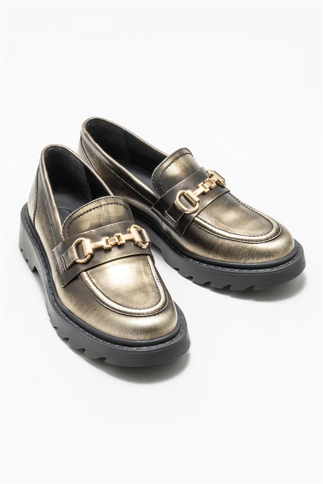 Gold Deri Kadın Loafer