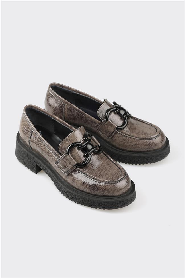 Gri Deri Kadın Loafer