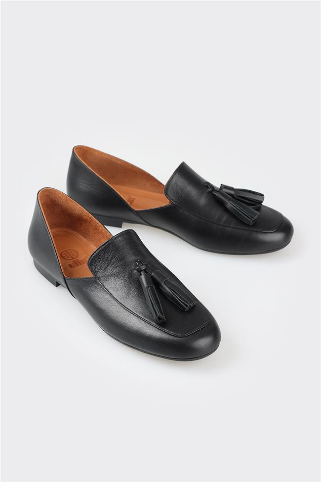 Siyah Deri Kadın Loafer