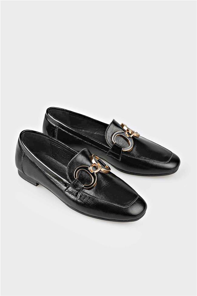 Siyah Deri Kadın Loafer