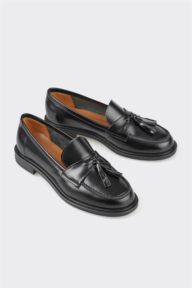 Siyah Deri Kadın Loafer