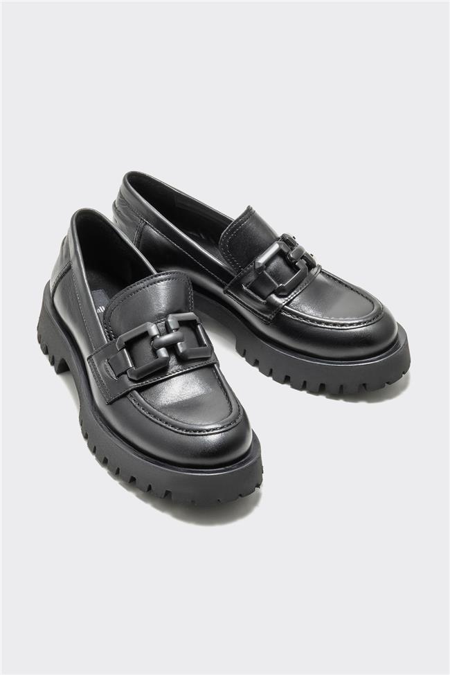 Siyah Deri Kadın Loafer