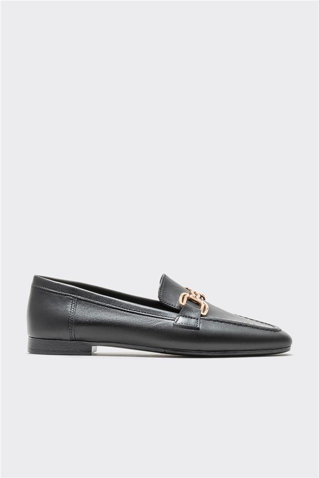 Siyah Deri Kadın Loafer