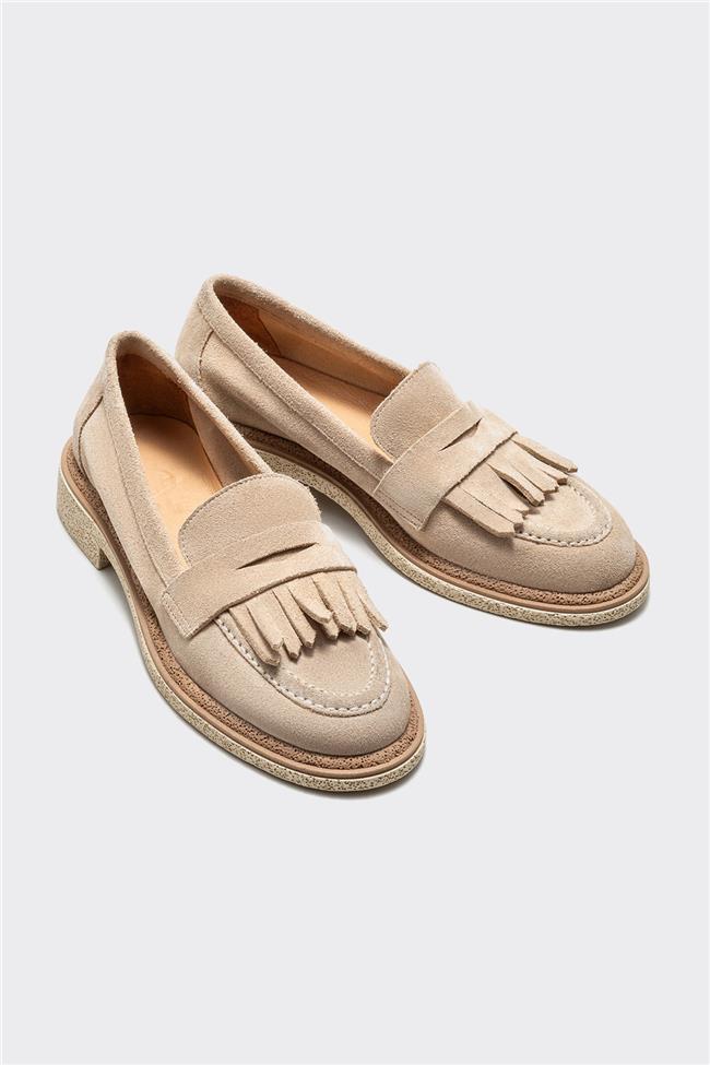 Bej Deri Kadın Loafer