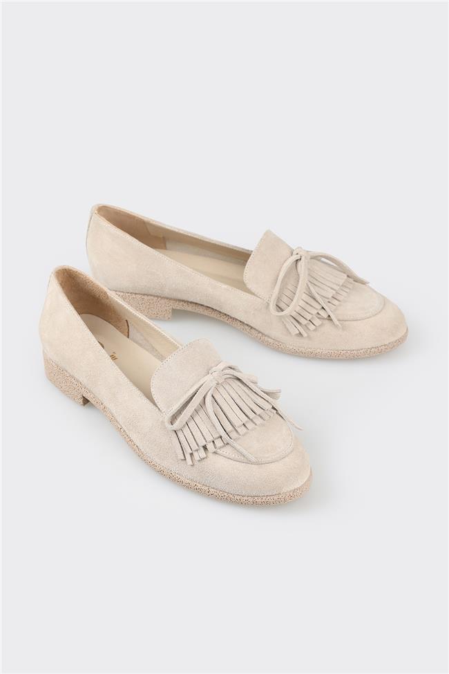 Bej Deri Kadın Loafer