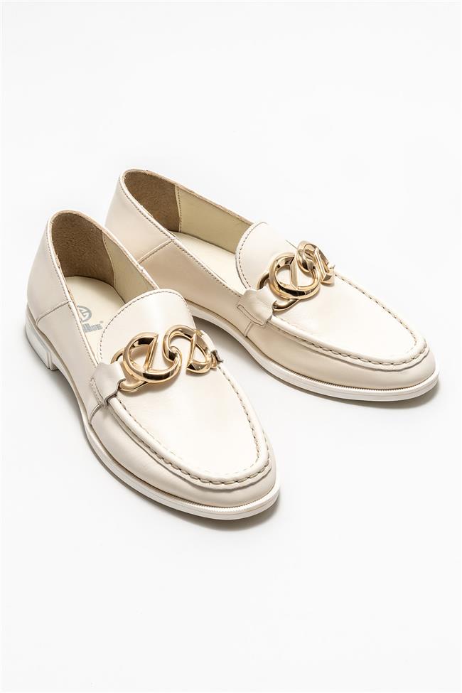 Bej Deri Kadın Loafer