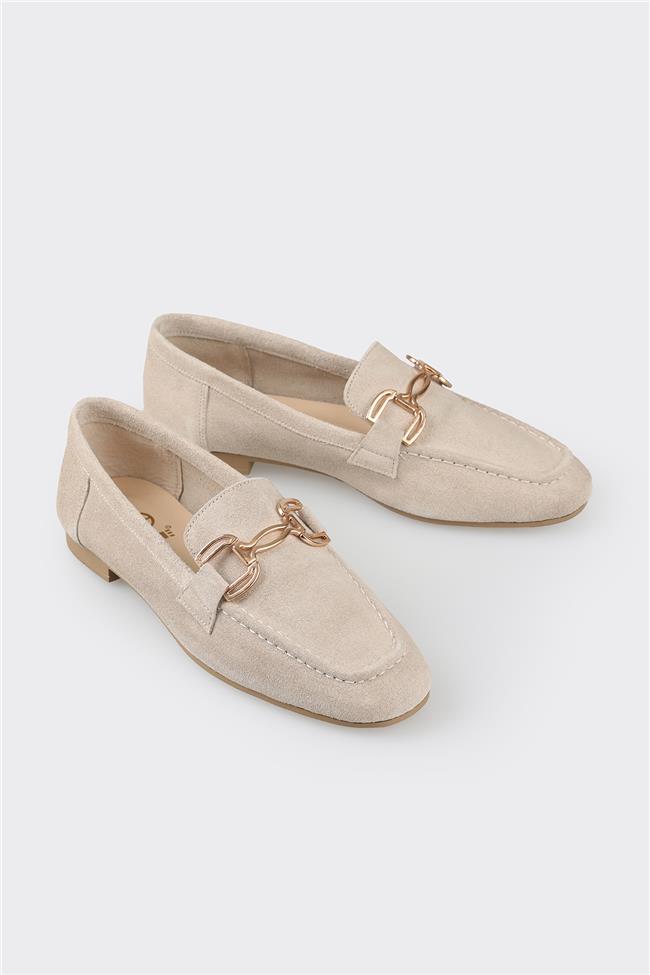 Bej Deri Kadın Loafer