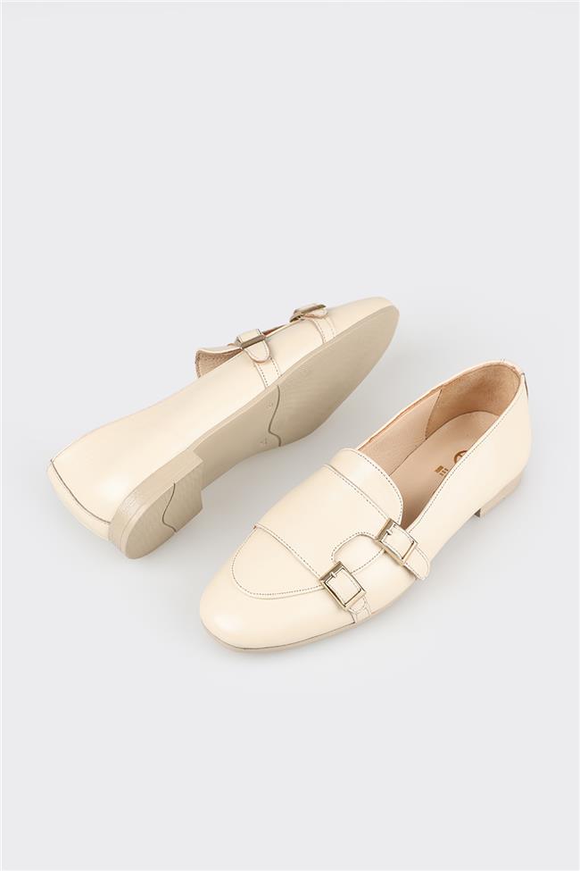 Bej Deri Kadın Loafer
