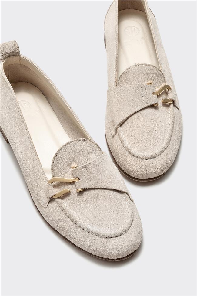 Bej Deri Kadın Loafer