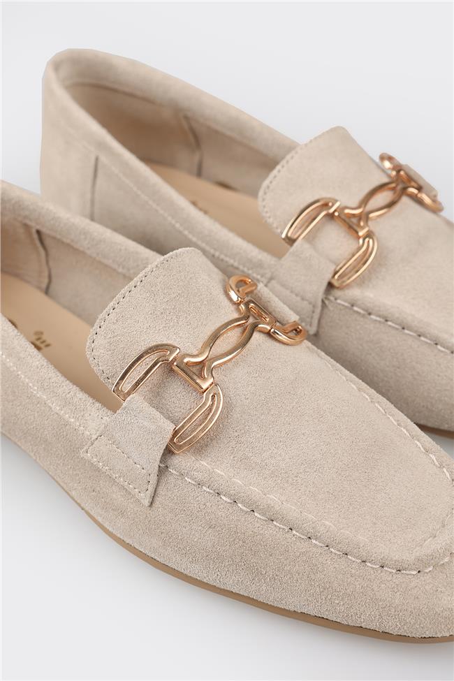 Bej Deri Kadın Loafer