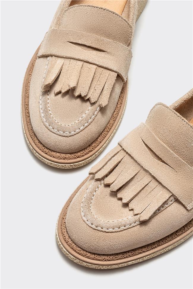 Bej Deri Kadın Loafer
