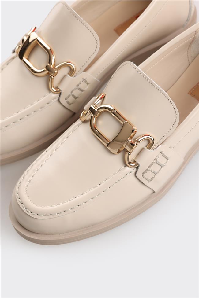 Bej Deri Kadın Loafer