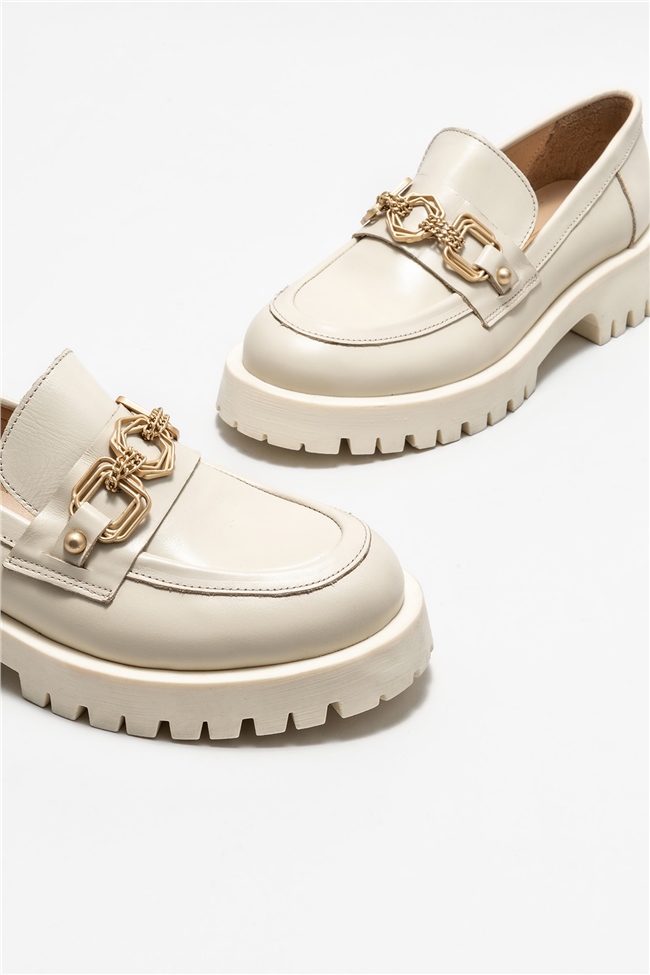 Bej Deri Kadın Loafer