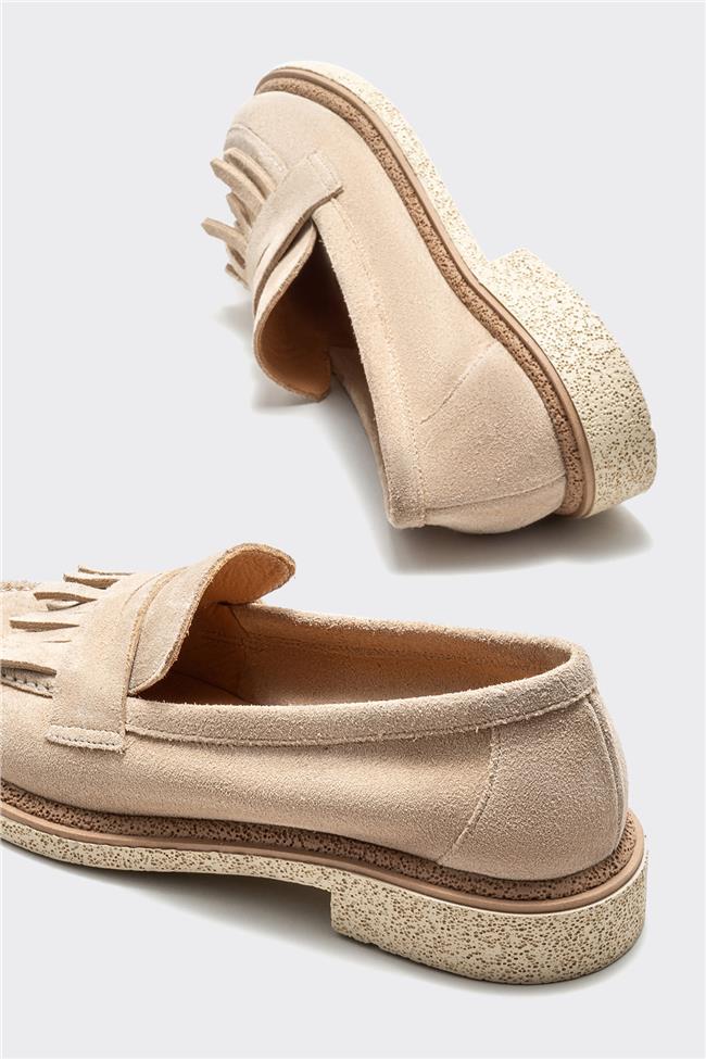 Bej Deri Kadın Loafer