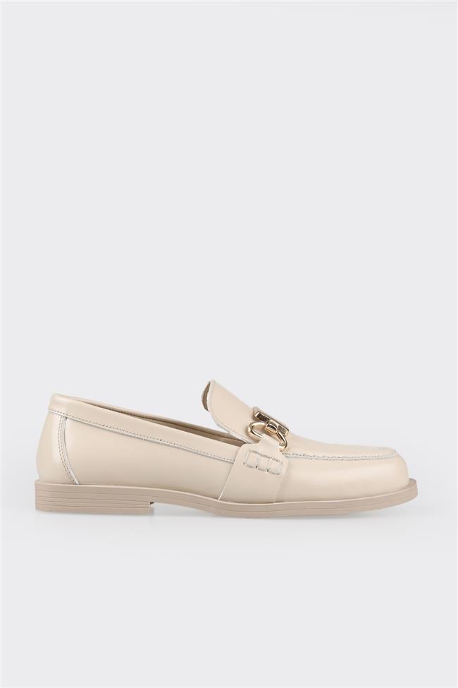 Bej Deri Kadın Loafer